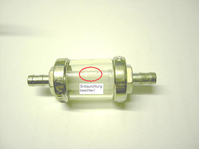 Benzinfilter für 6mm-Benzinschlauch, Alu-Gehäuse silber einseitig  aufschraubbar mit Sinter/Bronze Filter, Länge ca. 37mm ohne Anschluss